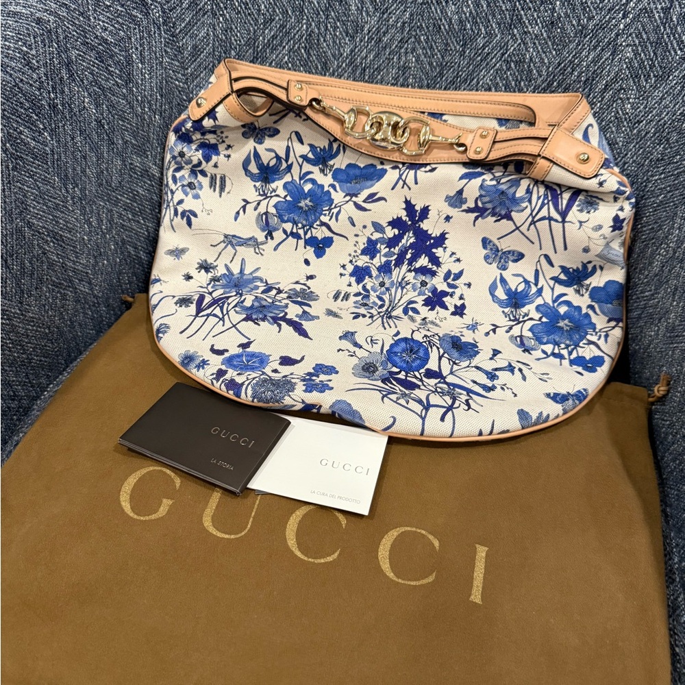 Gucci Beige and Blue Floral Shoulder Bag